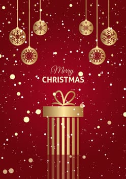 Red and gold Christmas gift background with hanging baubles