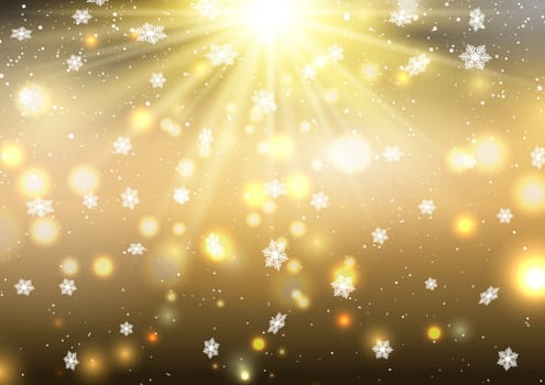 Christmas golden background with falling snowflakes and bokeh lights