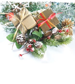 Christmas gifts and decorations with snow