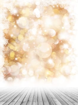 Christmas photography backdrop with wooden floor and golden snowflake background