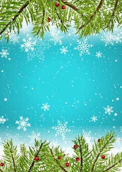 Christmas background with snowflakes and pine tree branches