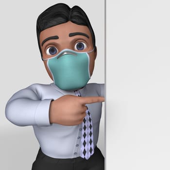 3D Render of Cartoon Business Character in face mask