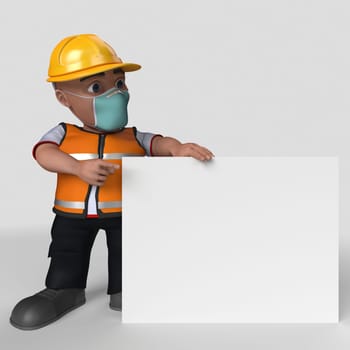 3D Render of Cartoon Builder Character in face mask