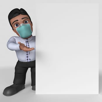 3D Render of Cartoon Business Character in face mask