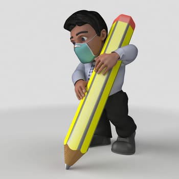 3D Render of Cartoon Business Character in face mask