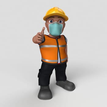 3D Render of Cartoon Builder Character in face mask