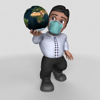 3D Render of Cartoon Business Character in face mask