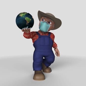 3D Render of Cartoon Farmer Character Map Source https://visibleearth.nasa.gov/collection/1484/blue-marble