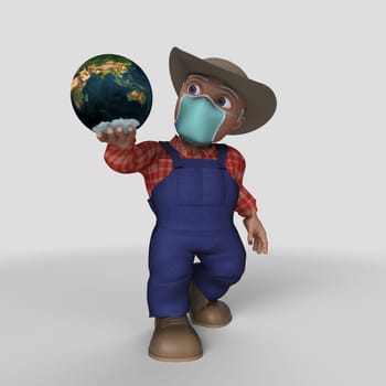 3D Render of Cartoon Farmer Character Map Source https://visibleearth.nasa.gov/collection/1484/blue-marble