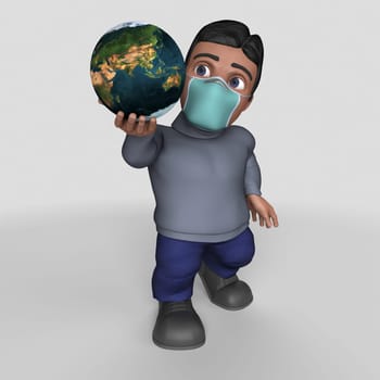 3D Render of Cartoon Casual Character in face mask
