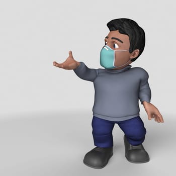 3D Render of Cartoon Casual Character in face mask