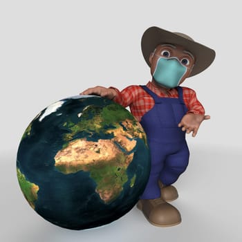 3D Render of Cartoon Farmer Character Map Source https://visibleearth.nasa.gov/collection/1484/blue-marble