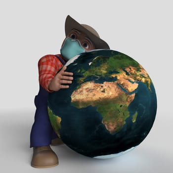 3D Render of Cartoon Farmer Character Map Source https://visibleearth.nasa.gov/collection/1484/blue-marble