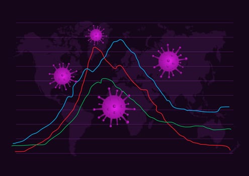 Abstract Covid cells on a world map with graph background