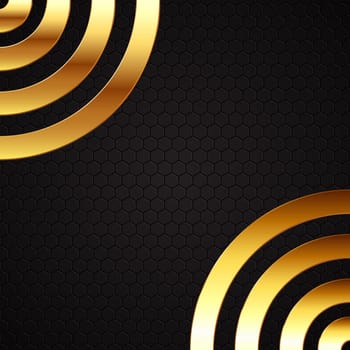 Abstract background with gold metal circles on a hexagonal design