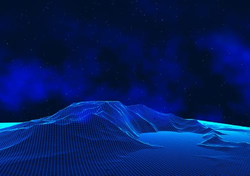 Abstract techno background with wireframe landscape against a space sky