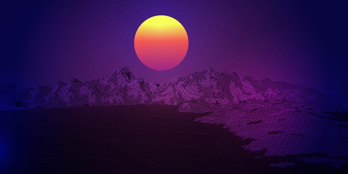 Abstract banner with a retro wireframe landscape design