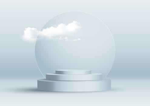 Abstract interior design with display podiums and cloud