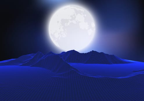 Abstract landscape with wireframe terrain against a moonlit sky