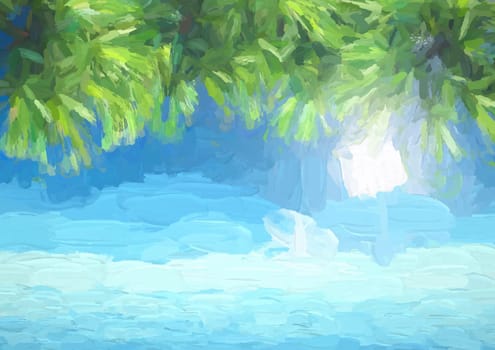 Painted background of palm tree leaves against a blue sky and ocean