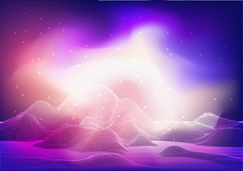 Abstract wireframe landscape design with a galaxy sky