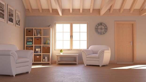 Render of 3D contemporary Living Room Interior and modern furniture