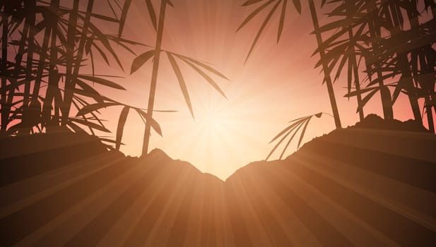 Silhouette of bamboo against a sunset sky