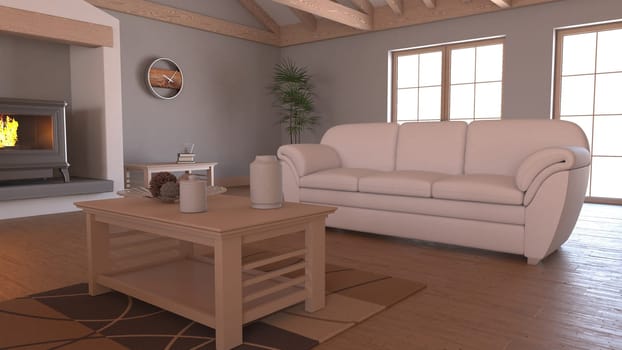 Render of 3D contemporary Living Room Interior and modern furniture