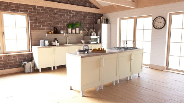 3D render of a contemporary kitchen interior