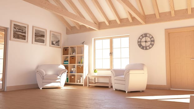Render of 3D contemporary Living Room Interior and modern furniture