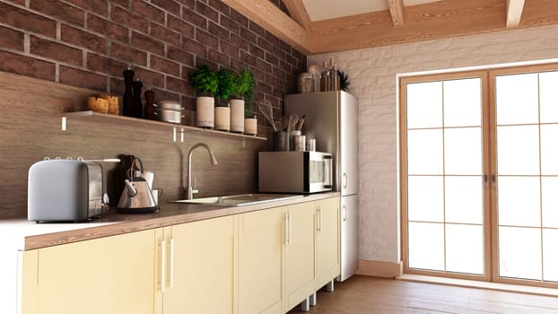 3D render of a contemporary kitchen interior