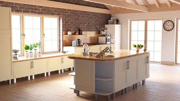 3D render of a contemporary kitchen interior