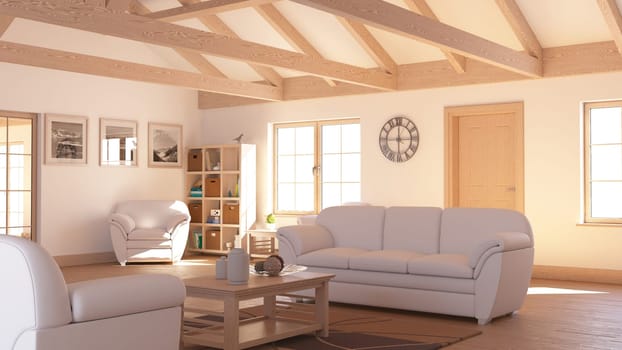 Render of 3D contemporary Living Room Interior and modern furniture