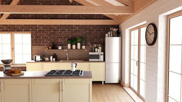 3D render of a contemporary kitchen interior