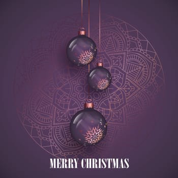 Hanging Christmas baubles on a decorative mandala design