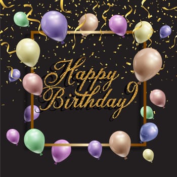 Birthday background with balloons, confetti and glittery writing