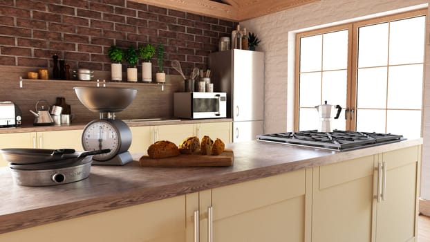 3D render of a contemporary kitchen interior