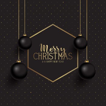 Black and gold elegant Christmas background with hanging baubles