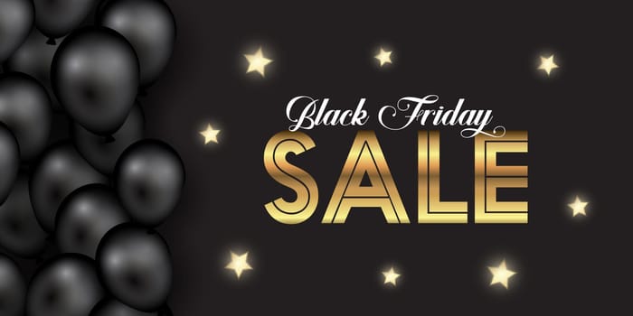 Elegant Black Friday banner with gold stars and balloons