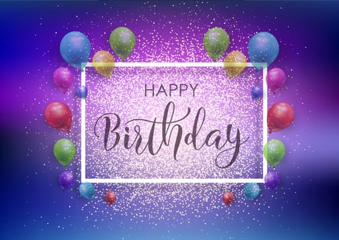 Happy Birthday background with balloons, frame and glitter