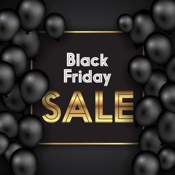 Black Friday background with balloons and gold text design