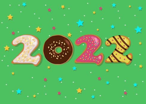 Happy New Year 2022. Artistic colorful number as sweet donuts with cream decor. Green background with colorful stars and snowfall. Illustration