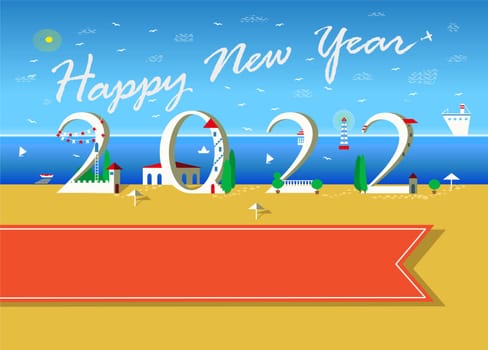 White text Happy New Year with plane in the sky. Number 2022 is as a white hauses with red doors, roofs and green trees. Summer beach and Sea background. Orange banner for custom text. Illustration