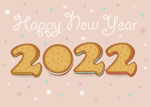 Happy New Year 2022. Artistic yellow number as cookies with colorful cream. Pink background with stars. White cream text. Illustration