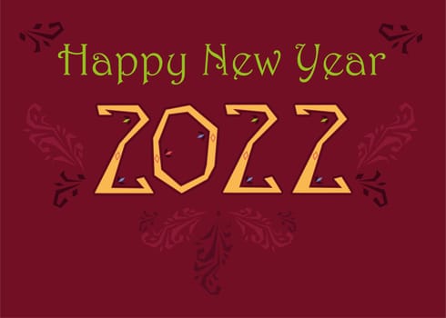 Happy New Year 2022. Artistic font with folk decor. Folk Greeting Card. Illustration