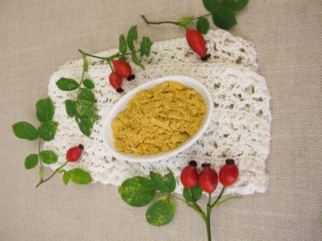 Rose hip powder from the red rose hips of the wild rose