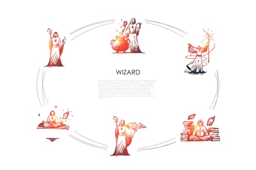 Wizard - wizard in special costume cooking potion in cauldron, standing with magic wand and with owl on hand, meditating, moving objects in space, taking off into air vector concept set.