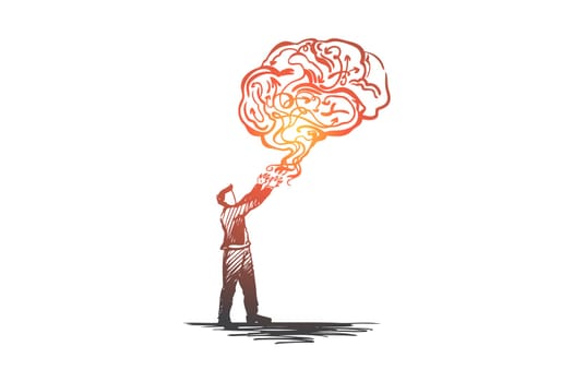 Business idea, creative, brainstorming, solution, creativity concept. Hand drawn man and cloud in shape of brain concept sketch. Isolated vector illustration.