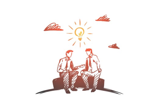 Business idea, partners, together, teamwork concept. Hand drawn business partners discussing project concept sketch. Isolated vector illustration.