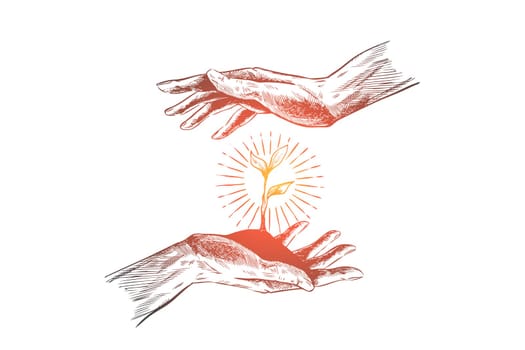 Startup, protection, prospect, business concept. Hand drawn plant growing in human hands as symbol of new project concept sketch. Isolated vector illustration.